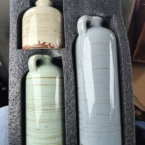 Set Of 3 Ceramic Vase Trio in Blue, Gray, and Cream